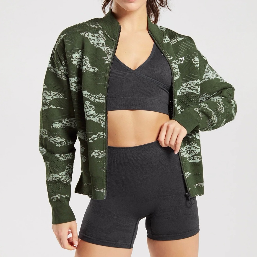 Gymshark Olive Green Camouflage Bomber Jacket